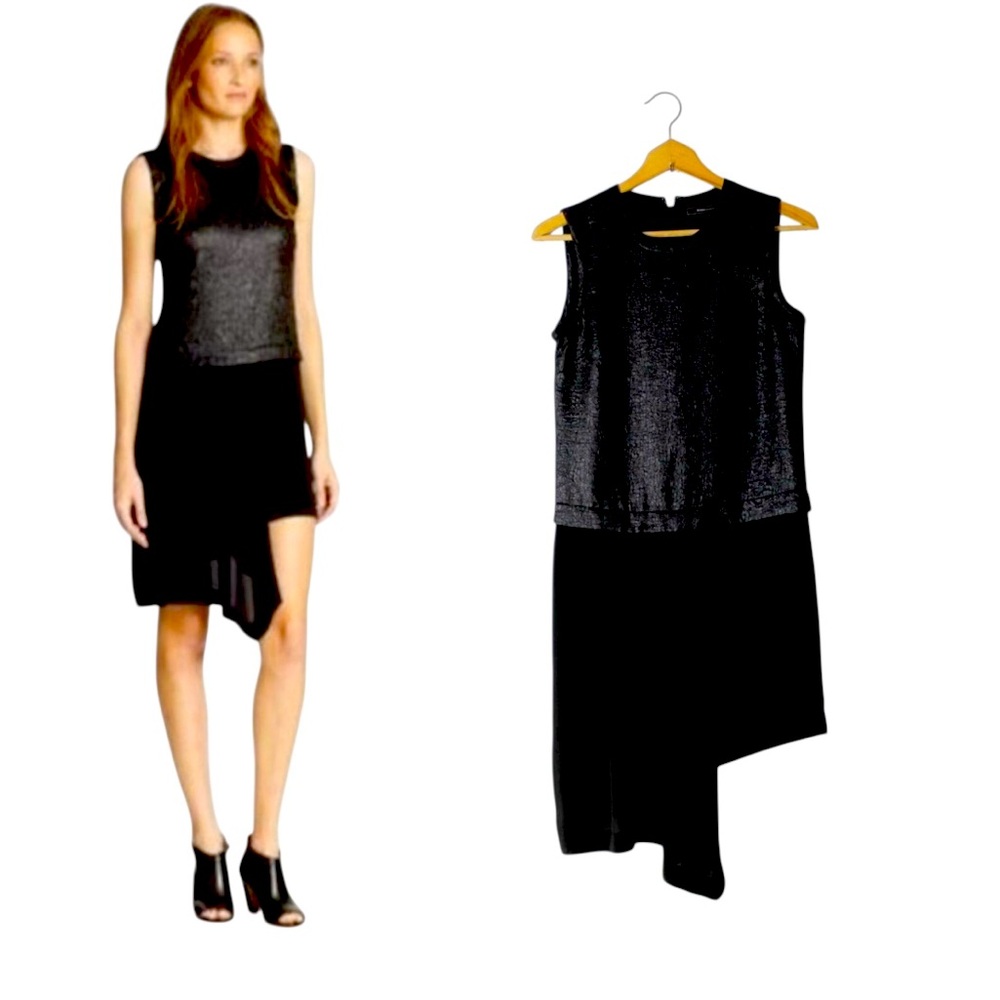 BCBGMaxAzria Juliane Black Dress Large textured bodice Asymmetrical pleat Hem